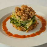 Fried Oyster Salad with Fall Greens Cornbread and Andoulli Bread pudding and Hot Sauce Vinaigrette