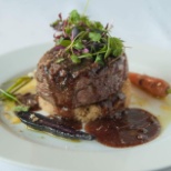 Grass Fed Hickory Grilled Beef Filet with Roasted Shallot Cous Cous Bourgogne Demi Glase and Amerett